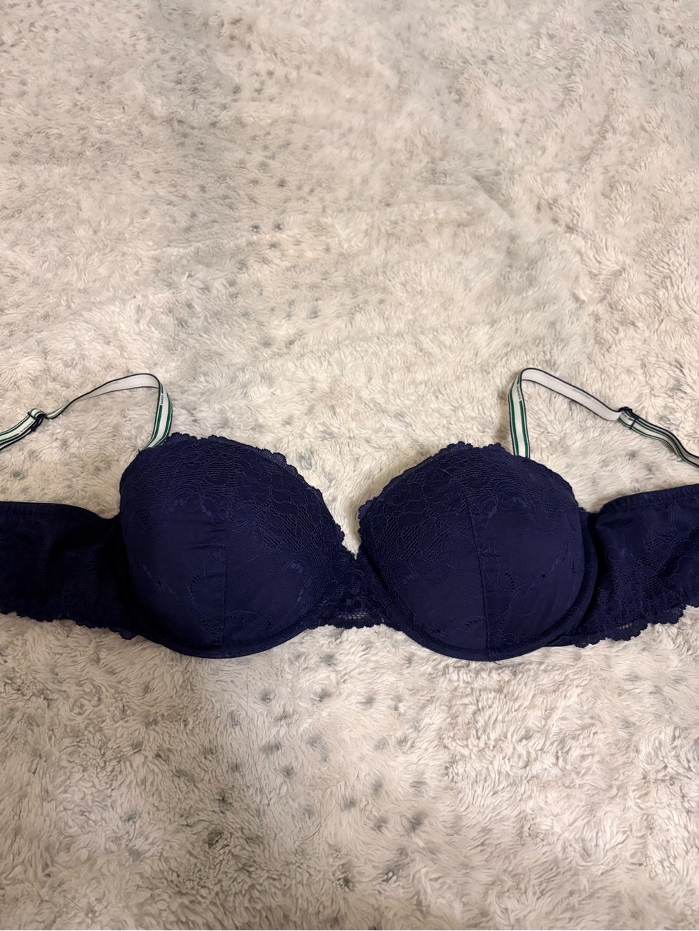 Savage X Fenty Navy Lace Push-Up Bra with Striped Straps
